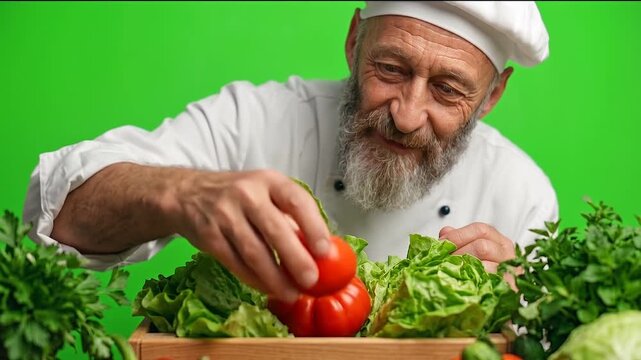 Top Down View of Chef Hands Carefully Selecting Fresh Vegetables from Bamboo Basket.