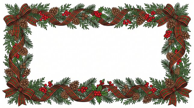 Christmas Evergreen Branch Seamless Border with Red Berries