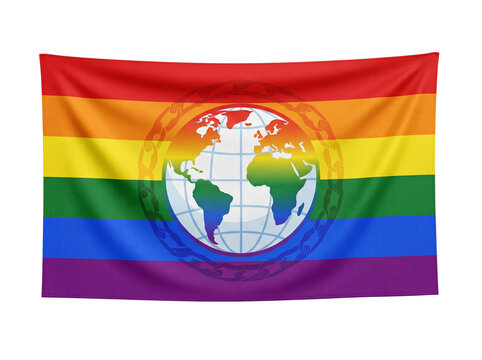 Rainbow pride flag with world map. Global LGBTQ community symbol on isolated background.