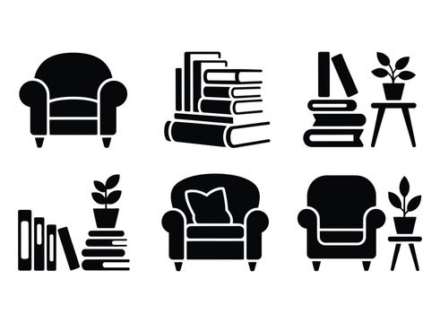 Collection of black iconographic illustrations depicting armchairs and stacks of books for home library decoration