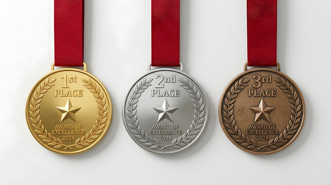 Prize Medals for 1st, 2nd, and 3rd Place: Three distinct medals, gold, silver, and bronze, each bearing a star and laurel wreath, hang on red ribbons, signifying achievement and ranking.