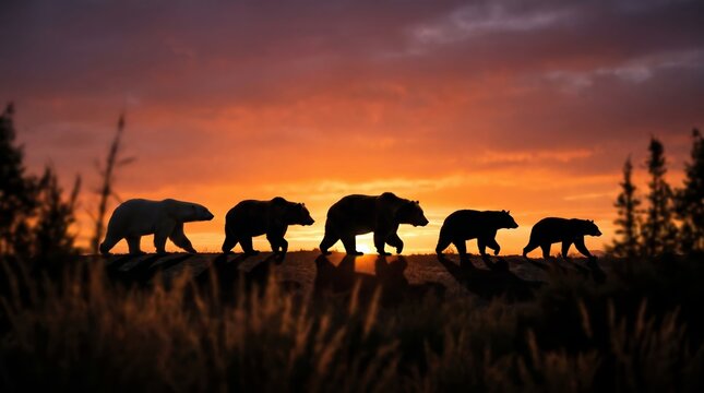 Dramatic silhouettes of five bear species at sunset