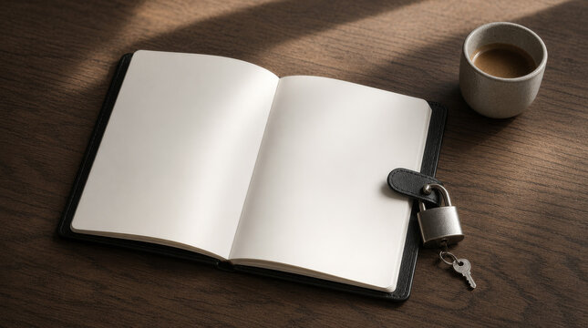 pened luxury leather notebook with pristine blank pages, a polished steel padlock with a tiny key, and an espresso cup on a dark oak desk.