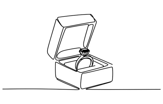 Continuous single line drawing of a diamond engagement ring inside an open jewelry gift box for a romantic proposal