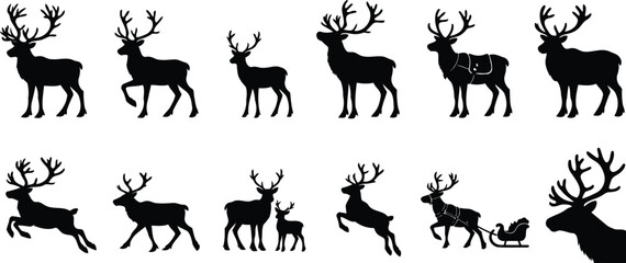 Fototapeta premium Set of vector silhouettes of deer, reindeers, christmas on a transparent background, santa claus, animals.