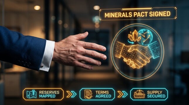 Business handshake with digital minerals pact. Corporate agreement on global resource supply.