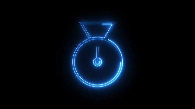 Glowing blue neon outline of a kitchen scale weighing icon isolated on black background.