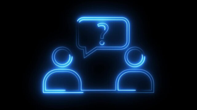Neon glowing silhouette of two people discussing with a question mark in speech bubble icon.