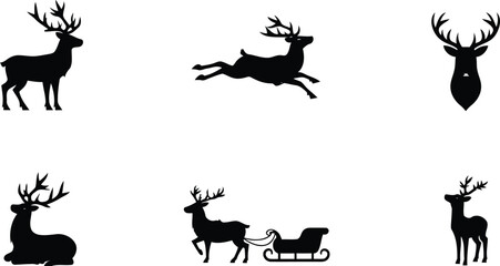 Collection of black reindeer and sleigh silhouettes for christmas and winter themes. © jim's Cafe