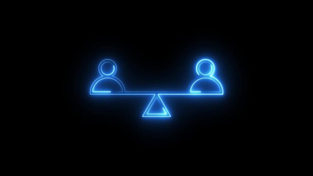 Neon blue equal balance icon animation of two people on seesaw over dark black background.