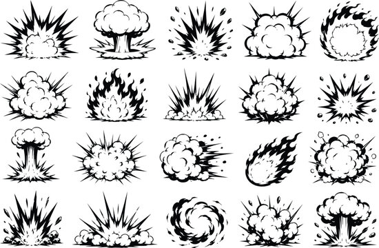 Comic energy explosion. Cartoon white explosions, fireballs and blast, impact flashes with fire flame, smoke and burst, games animation manga puff explosive effect. Boom explode vector silhouettes