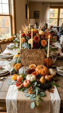 Beautiful thanksgiving table setting with pumpkins and gather together sign