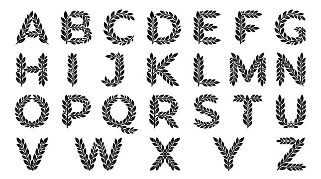 Elegant botanical alphabet set featuring laurel leaf inspired letters from A to Z for design projects and branding