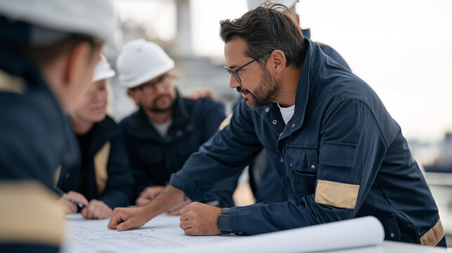 Construction site engineering office at overcast dramatic sky lunchbreak, a diverse team of male and female engineers gathered around a blueprint table, one man openly sharing a