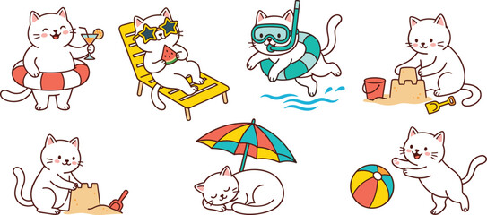 Fototapeta premium Cute Cartoon Cat Character Summer Beach Vacation Vector Icon Set Featuring Happy Kittens Swimming Sunbathing Sleeping and Playing with Sandcastles and Beachball