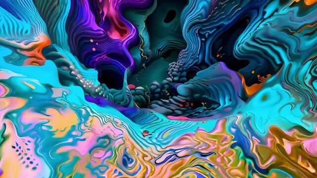 Psychedelic liquid marble swirling with vivid rainbow color, trippy fluid art in motion