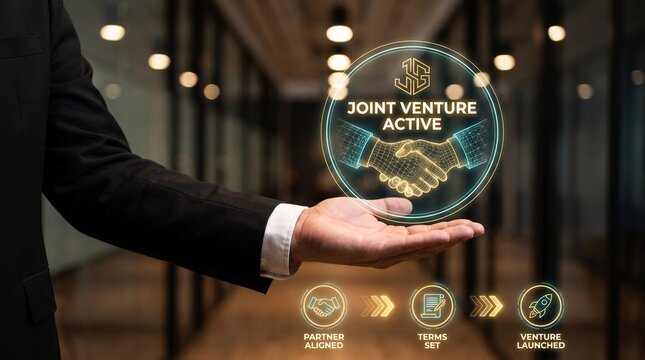 Businessman holding a joint venture hologram. Corporate partnership and business growth concept.