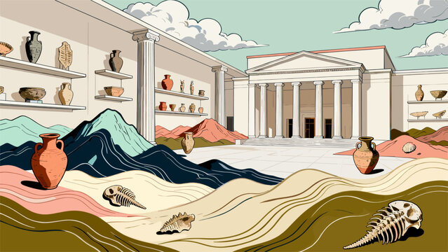  Ancient Greek Museum Interior with Pottery, Statues, and Archeological Landscapes Anthropology Vector Illustration 