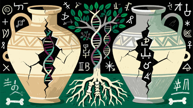  Ancient Pottery and DNA Tree with Human Skull and Archeological Symbols on Black Background Anthropology Vector 