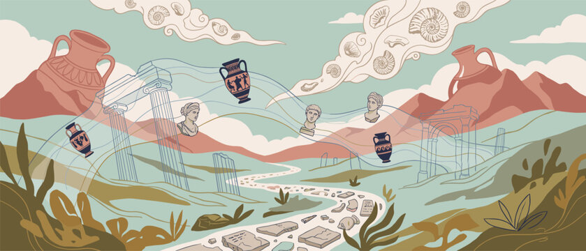  Ancient Greek Ruins, Pottery, and Classical Statues in a Dreamy Landscape Background Anthropology Vector
