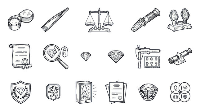 A set of black and white line art icons depicting jewelry and gem appraisal tools