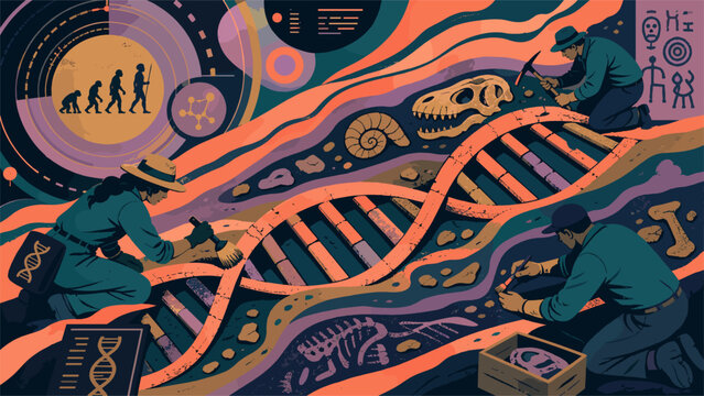 Archeology Excavation with Human Evolution DNA Helix and Dinosaur Fossils for Science and History Educational Concept Anthropology Vector Illustration 