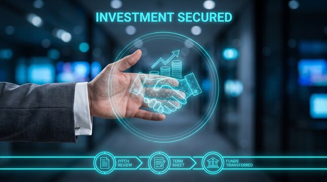 Businessman hand with digital investment hologram. Secure financial deal with virtual interface.