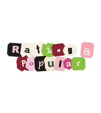 Rated and popular text label in colorful paper collage style