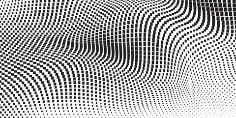 Fototapeta premium Abstract halftone wave dotted background. Halftone grunge pattern with square. Vector halftone modern pop art twisted texture for poster, cover, business card, postcard, art label layout, sticker.
