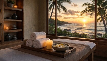 Naklejka na ściany i meble Luxury spa room interior overlooking tropical ocean sunset with massage bed