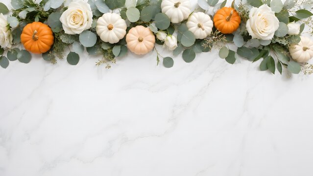 Autumn floral border with white pumpkins and roses, elegant fall harvest arrangement on marble background, flat lay eucalyptus and pumpkin header