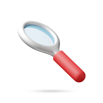 3D magnifying glass illustration. Plastic icon with red handle and shiny lens for search, analysis and research. Digital tool for business, detective work and science investigation.