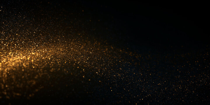 Golden particles shimmering against a dark background, Gold magic dust and flickering sparkles, abstract glowing dust