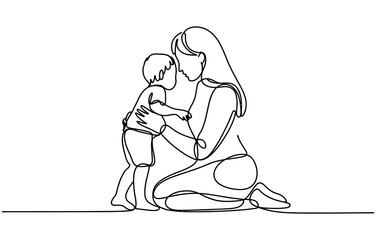 Obraz premium Continuous one line drawing of a loving mother hugging her small child