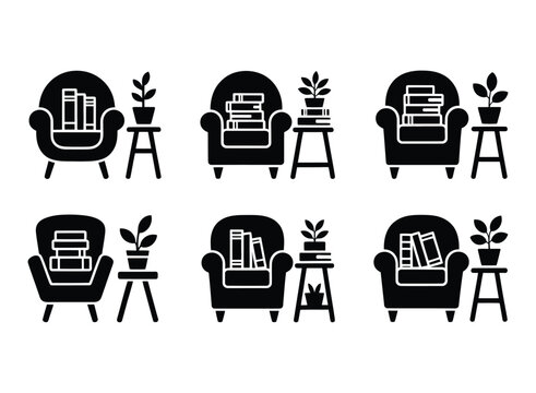 Collection of stylized black icons representing armchairs with books and plants on side tables