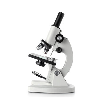 microscope isolated on white background. Traditional microscope isolated on white background or transparent png, classic optical instrument for magnifying small specimens in scientific research. 