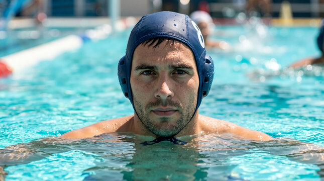 Close up portrait of a male water polo player in a swimming pool. Serious athletic man wearing a blue water polo cap with ear guards