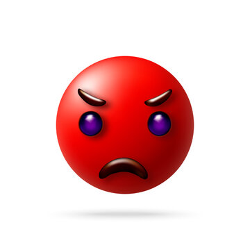 Angry emoji with red face and dark purple eyes. 3d style illustration of a mad emoticon showing frustration or rage. Digital character icon for social media communication messaging.