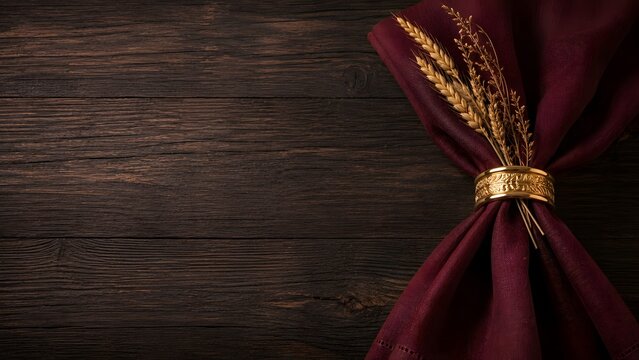 Rustic wooden background with burgundy napkin, elegant gold ring with wheat stalks, dark wood table texture for restaurant menu or autumn dinner