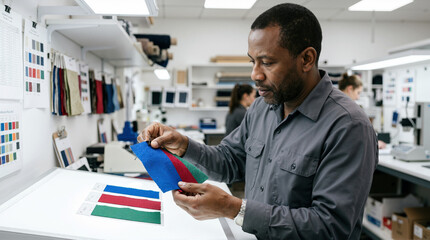Fototapeta premium Textile specialist comparing colorful fabric swatches over light table. African American man performing color matching in design lab