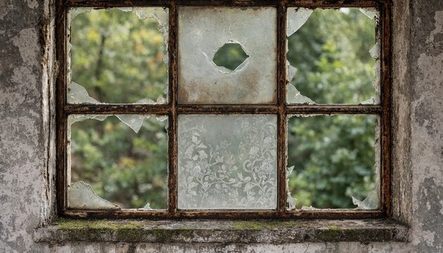 Old rusty metal window frame with broken glass in an abandoned building with forest view