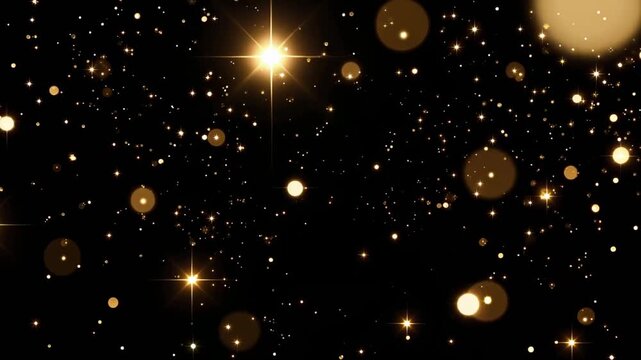 Golden glitter particles floating on dark background. Magical dust shining and sparkling in night sky. Abstract festive backdrop for celebration and event design.