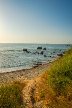 A narrow dirt path leading down through green tall grass to a quiet rocky beach and calm sea under a clear blue sky.