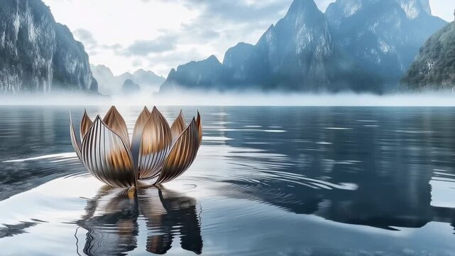 Metallic lotus flower floating on calm mountain lake water. Serene nature landscape with reflection and mist. Zen spiritual concept for meditation and relaxation.