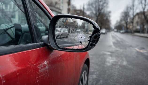 Broken passenger side car mirror on a red vehicle after an accident