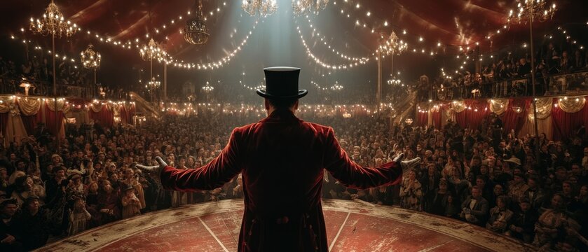 A ringmaster in a red coat stands with arms wide open, addressing a packed, adoring circus crowd under glowing chandeliers in the.