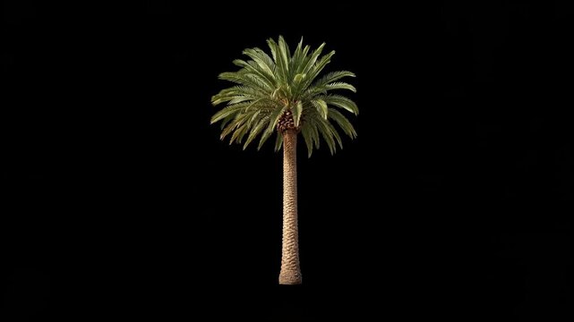 Palm tree isolated on black background. Tropical plant with green fronds and textured trunk. Nature element for botanical design and summer holiday decoration.