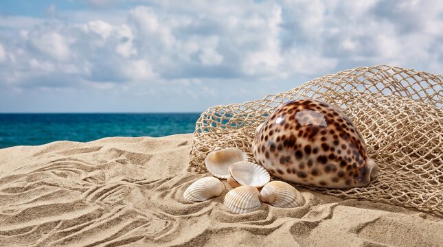 Tiger cowrie shells on sandy beach. Marine mollusk specimens resting on tropical shore.