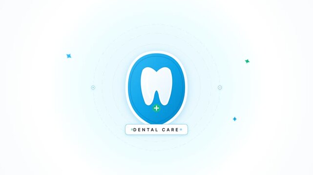 Blue dental care icon animation footage with tooth and shield symbols on white background loop