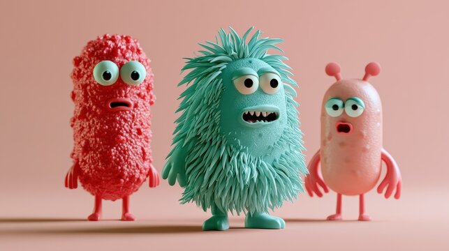 Pathogen mascot flat design side view microbiology theme 3D render Split complementary color scheme. 